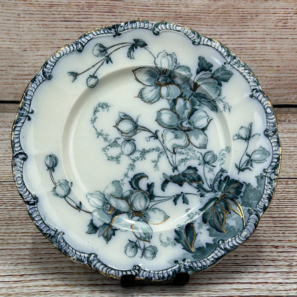 Ridgways England Sutton‎ Royal Porcelain Plate Teal Floral Gold Gilt Antique 9in